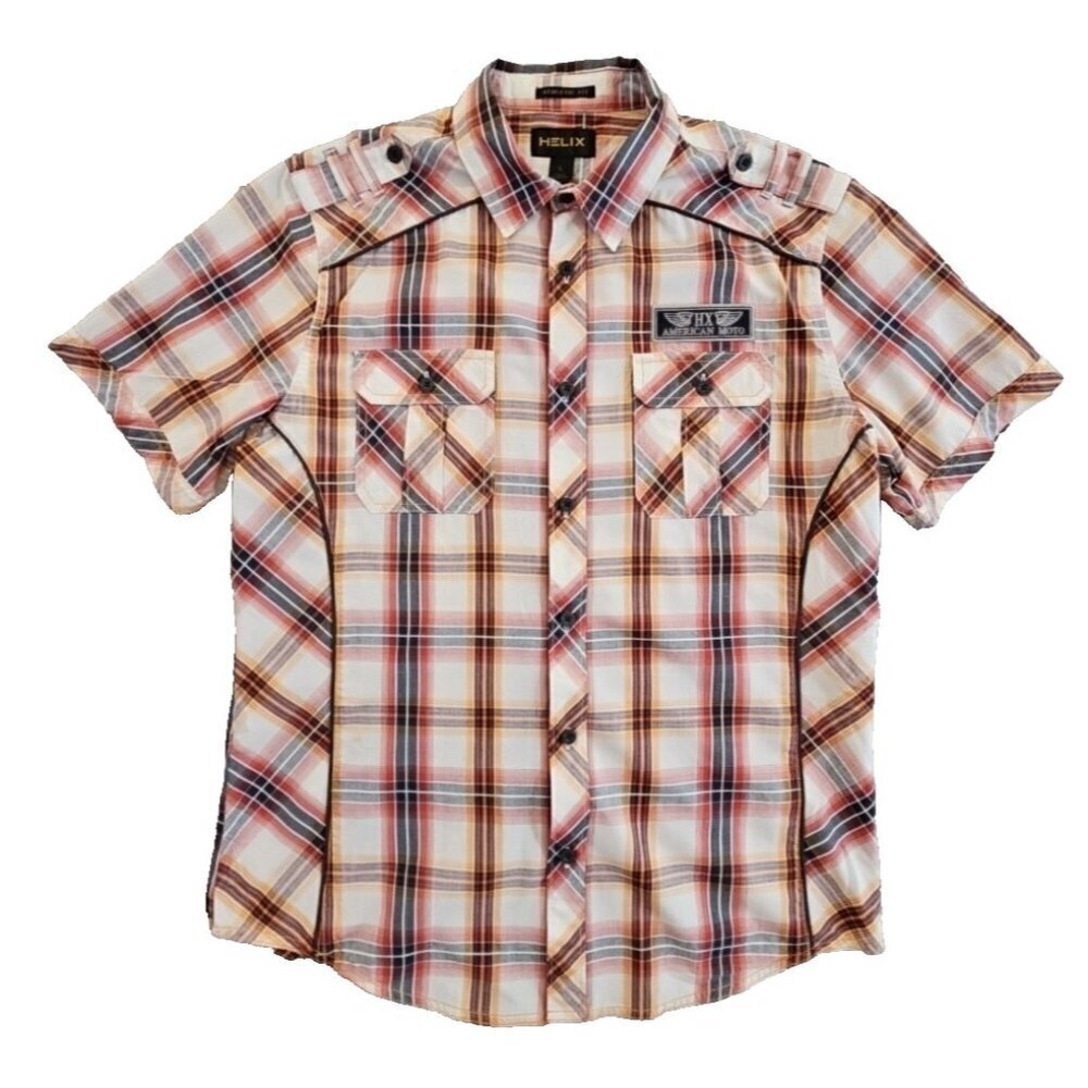 Helix Short Sleeve Button-Up Shirt‎ Men's Large Athletic Fit Embroidery EUC AN